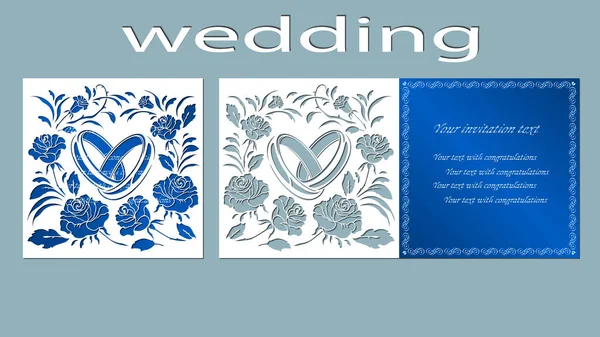 Inschrift Hochzeit Ringe Vektor Illustration Lasergeschnittene Ring Card Rosenblumenstrauß — Stockvektor