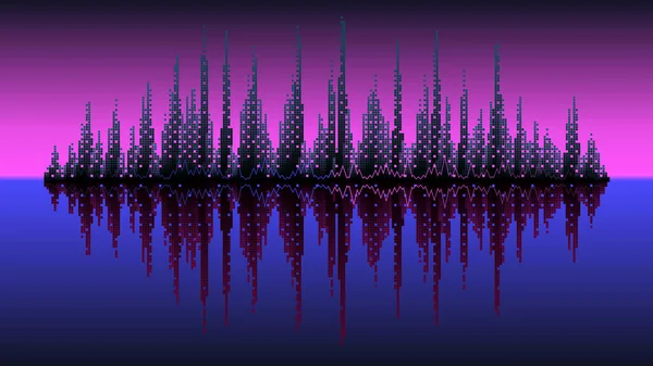 Vector Fondo Música Onda Circuito Ciudad Cubos Rosa Cielo Azul — Vector de stock