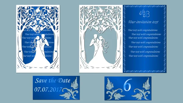 Vector Illustratie Postkaart Uitnodiging Wenskaart Met Bruidegom Bruid Onder Bomen — Stockvector