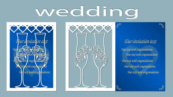 Inschrift Hochzeit Weinglas Blumen Ringe Vektor Illustration Lasergeschnittene Herzkarte Vorlage — Stockvektor
