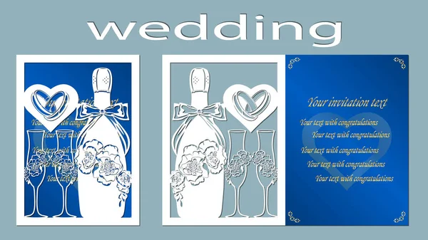 Inschrift Hochzeit Champagner Flasche Weinglas Blumen Ringe Vektor Illustration Lasergeschnittene — Stockvektor