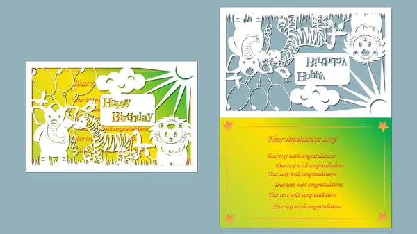 Texto Aniversário Feliz Vetor Corte Laser Animais Elefante Leão Pássaro — Vetor de Stock