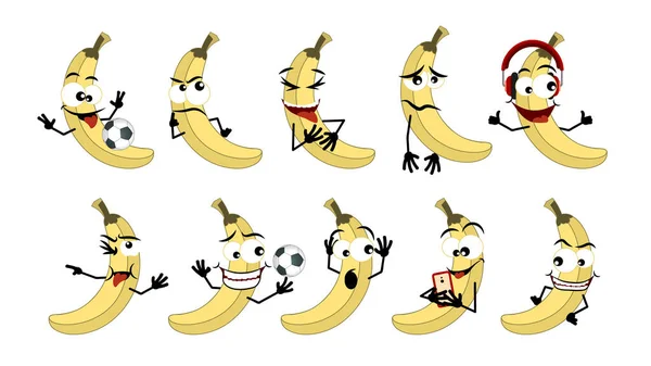 Fones Ouvido Bola Futebol Banana Emoticon Conjunto Emoticons Ícone Emoji — Vetor de Stock