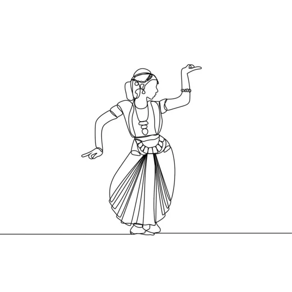 Desenho Linha Contínua Dança Indiana Das Mulheres Alapadma Lotus Aberto — Vetor de Stock