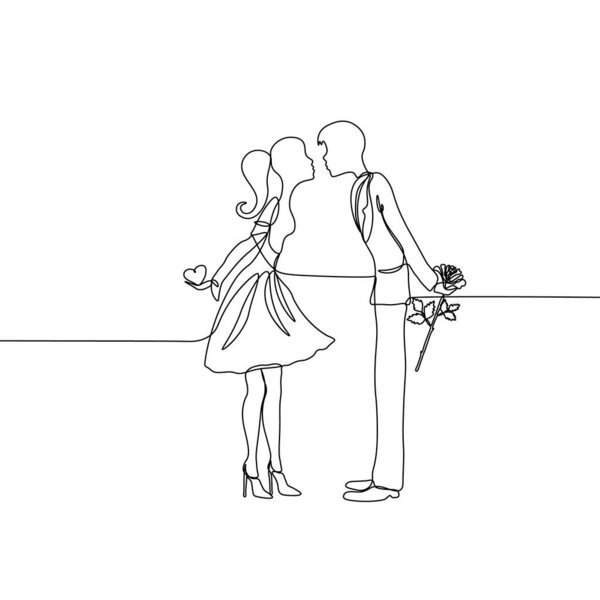 векторное рисование непрерывных прямых, пара влюбленных. дает цветок и сердце
