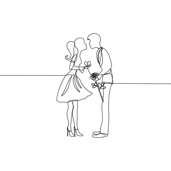 Векторное Рисование Непрерывных Прямых Пара Влюбленных Дает Цветок Сердце — стоковый вектор