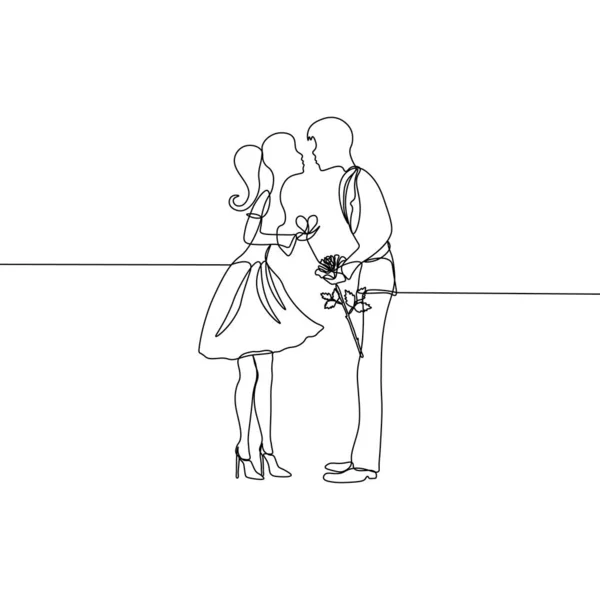 Dessin Vectoriel Lignes Continues Une Paire Amoureux Donne Une Fleur — Image vectorielle