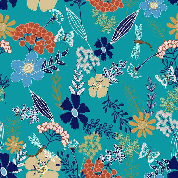 Motif Sans Couture Floral Avec Des Baies Libellule Papillon Sur — Image vectorielle