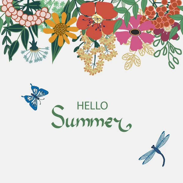 Beautiful Floral Hello Summer Poster Flowers Leaves Butterfly Dragonfly — Stock Vector