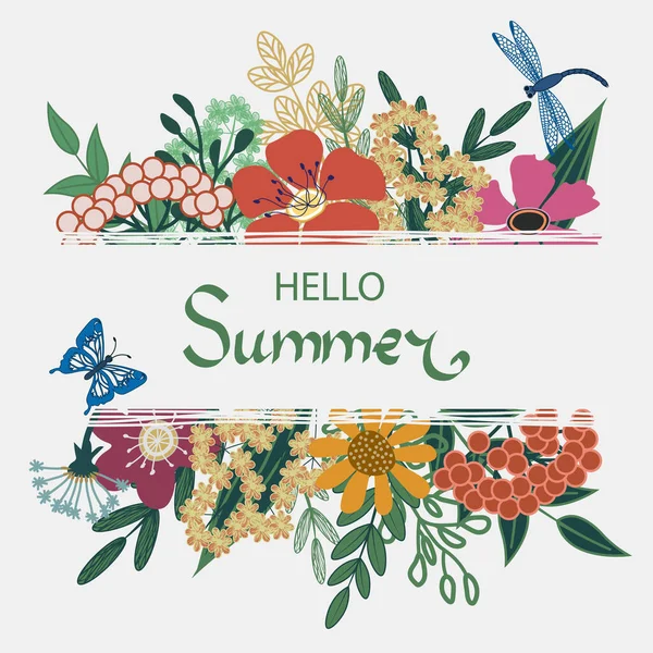 Krásný Květinový Hello Summer Plakát Květinami Listy Motýl Vážky — Stockový vektor