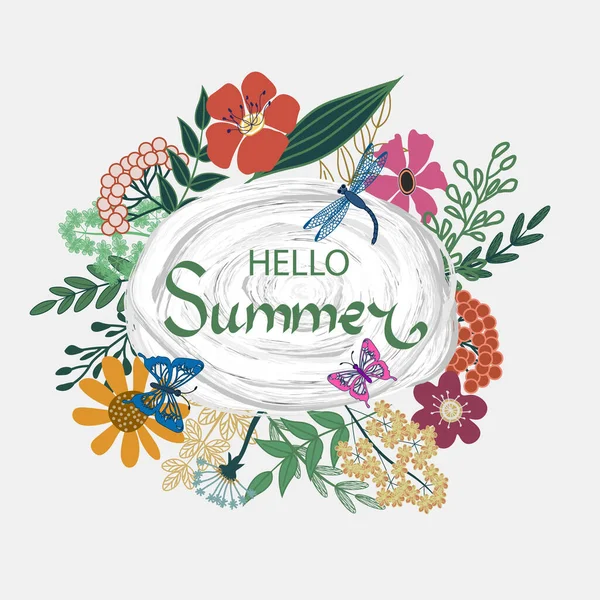 Krásný Květinový Hello Summer Plakát Květinami Listy Motýl Vážky — Stockový vektor