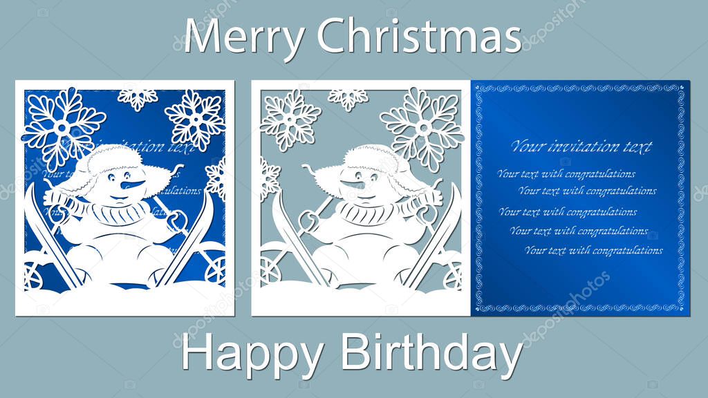 Text - Merry Christmas, happy birthday. Snowman, laser cutting, snow, vector, card skis blue carrot snowflake