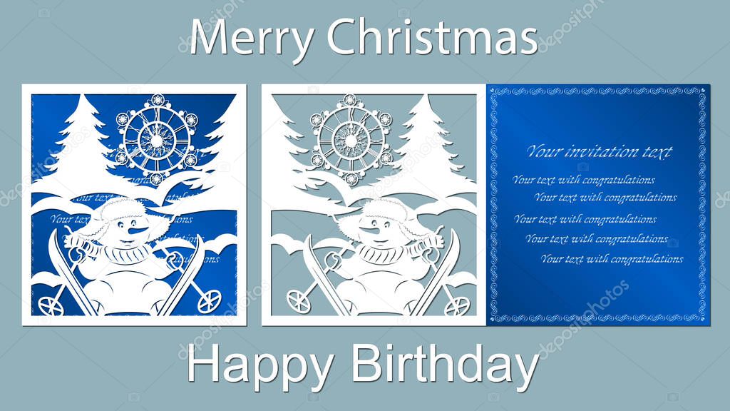 Text - Merry Christmas, happy birthday. Snowman, laser cutting, snow, fir-tree, vector, card new year hours skis blue carrot snowflake