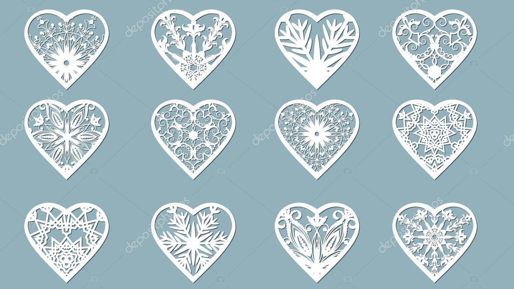 Set stencil hearts with carved pattern. Template for interior design, layouts wedding cards, invitations, etc. Image suitable for laser cutting, plotter cutting or printing.