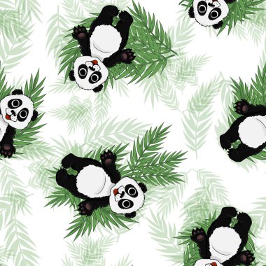 Kusursuz panda deseni. Okaliptüs ağacı, doğal yapraklar, yeşil yapraklar, otlar, bitki eli, vektör güzelliği, kırsal çevre dostu beyaz arka plan.