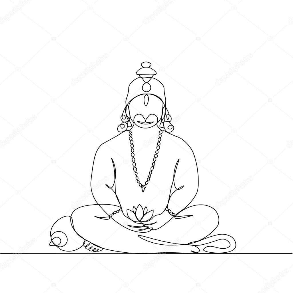 vector continuous line drawing. Hanuman in Lotus position