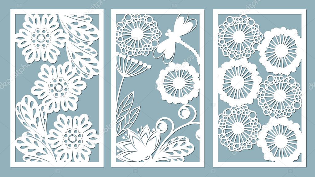 Set stencil frames with leaves, dragonfly, berry and flowers. Template for interior design, invitations, etc. Image suitable for laser cutting, plotter cutting or printing