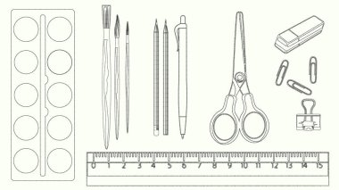 Kırtasiye malzemeleri, sanat malzemeleri, makas, cetvel, kalem, rende, ataç, fırça ve boya tüpleri. Küplerin dikdörtgenlerinden elde çizilmiş vektör çizimi
