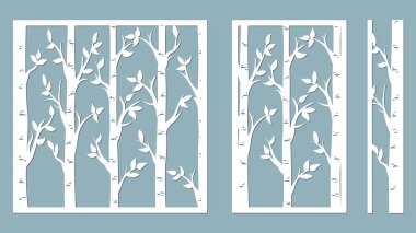 Birch Grove geçmişi. Huş ağacı ya da yapraklı kavak ağacı. Lazer kesme ya da baskı için uygun desen. Çizici ve ekran yazdırma şablonu. serigrafi