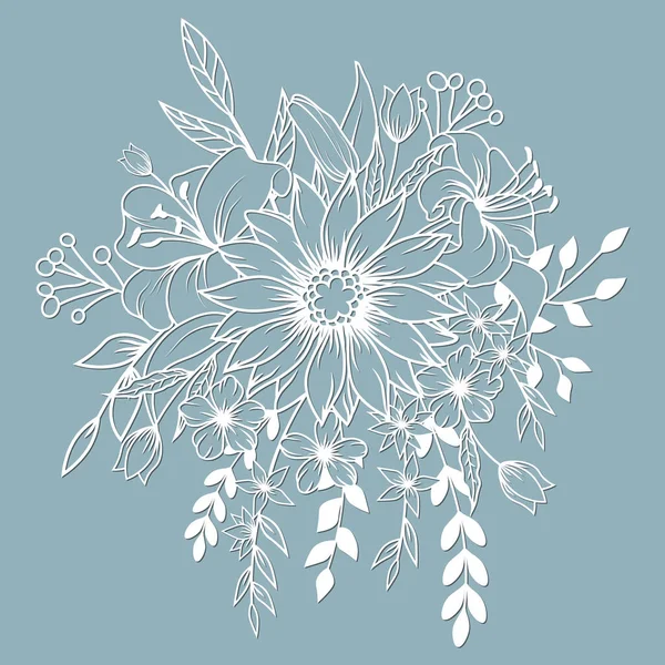 Lazer Kesme Çizim Şablonu Çiçekler Yapraklar Dekorasyon Için Buket Vektör — Stok Vektör