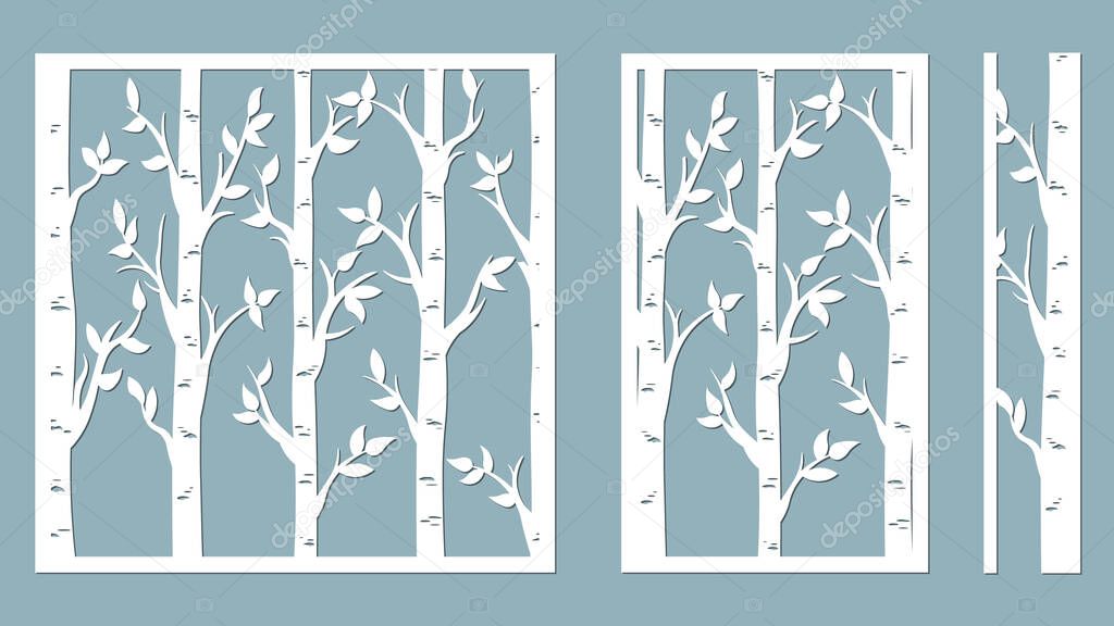 Birch Grove background. Vector birch or aspen trees with leaves. Pattern suitable for laser cutting or print. Template for plotter and screen printing. serigraphy