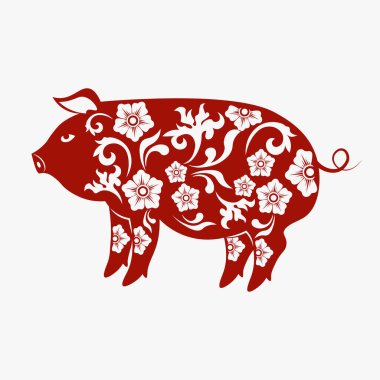 Çin Zodiac İşaret Yılı, Kırmızı kağıt kesimi domuz, Mutlu Çin Yeni Yılı 2019 domuz yılı