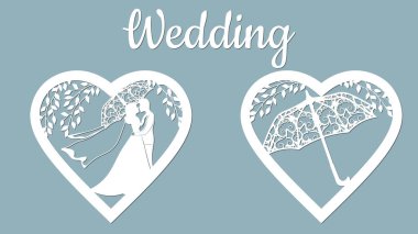 Vektör illüstrasyon kartpostalı. Gelin ve damadın ağaçların ve şemsiyelerin altında olduğu davetiye ve tebrik kartı. Lazer kesim, çizici ve serigrafi için desen