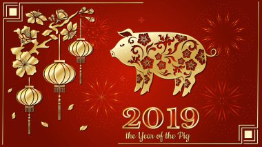Mutlu Çin Yeni Yılı 2019 Zodiac tabelası. Altın kağıtla kesilmiş sanat ve zanaat stili.