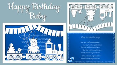 The image with the inscription-Happy birthday baby. Template with vector illustration of toys. Animals on the train. For laser cutting, plotter and silkscreen printing clipart