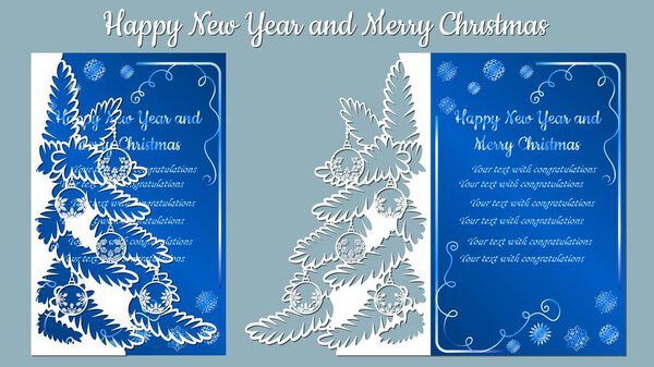 Шаблон, ветка со снежинками. Рождественское приглашение со снежинкой и рождественской игрушкой. Вектор. Клише. С Рождеством и Новым годом. Для лазерной резки, плоттера и шелкографии