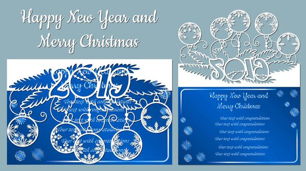 Шаблон, ветка со снежинками. Рождественское приглашение со снежинкой и рождественской игрушкой. Вектор. Клише. С Рождеством и Новым годом, 2019. Для лазерной резки, плоттера и шелкографии