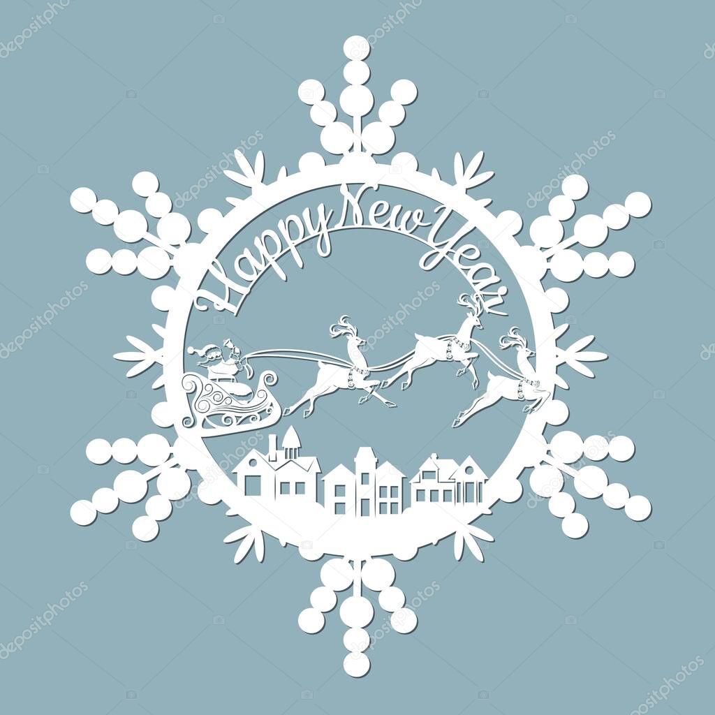 new year, Christmas, deer, Santa Claus, snowflake. house, roof For laser cutting plotter and silkscreen printing