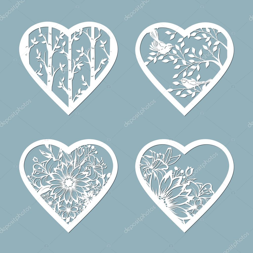 Set stencil hearts with flower. Template for interior design, invitations, etc. Image suitable for laser cutting, plotter cutting or printing. serigraphy