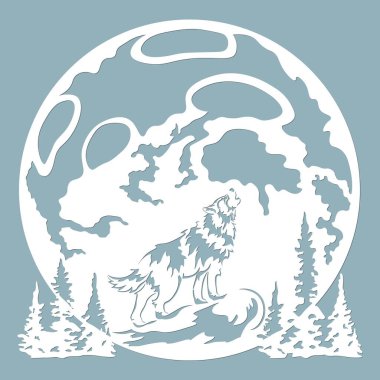 Kurt aya karşı uluyor. Vektör çizimi. Kağıt kurt çıkartması. Lazer kesiği. Lazer kesme ve çizim şablonu. Vektör çizimi. Çıkartma. Lazer kesim, serigrafi, çizici ve ekran yazdırma için desen