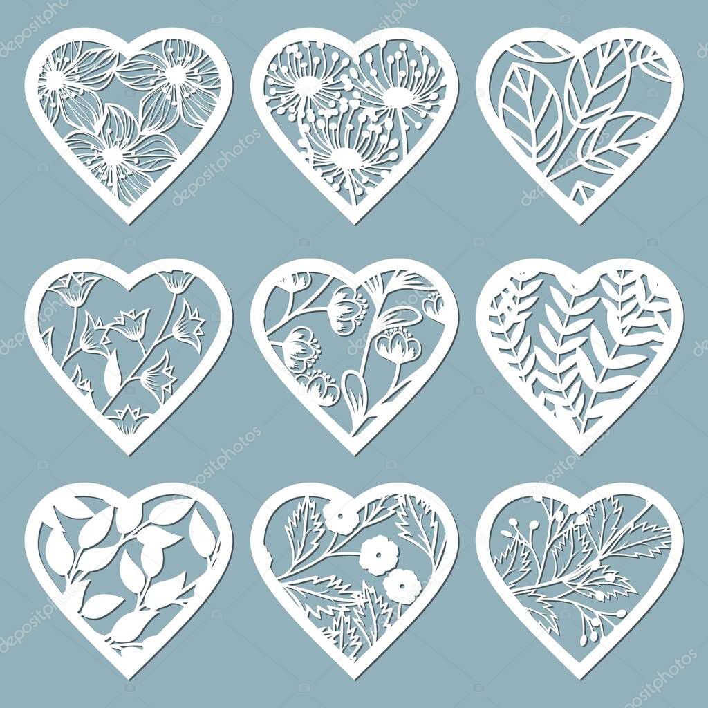 Set stencil hearts with flower. Template for interior design, invitations, etc. Vector illustration. Sticker set. Pattern for the laser cut, serigraphy, plotter and screen printing