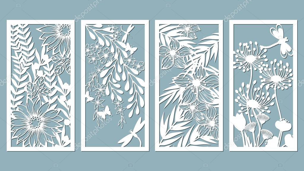 Set template for laser cutting and Plotter. Flowers, leaves for decoration. Vector illustration. Sticker set. Pattern for the laser cut, serigraphy, plotter and screen printing