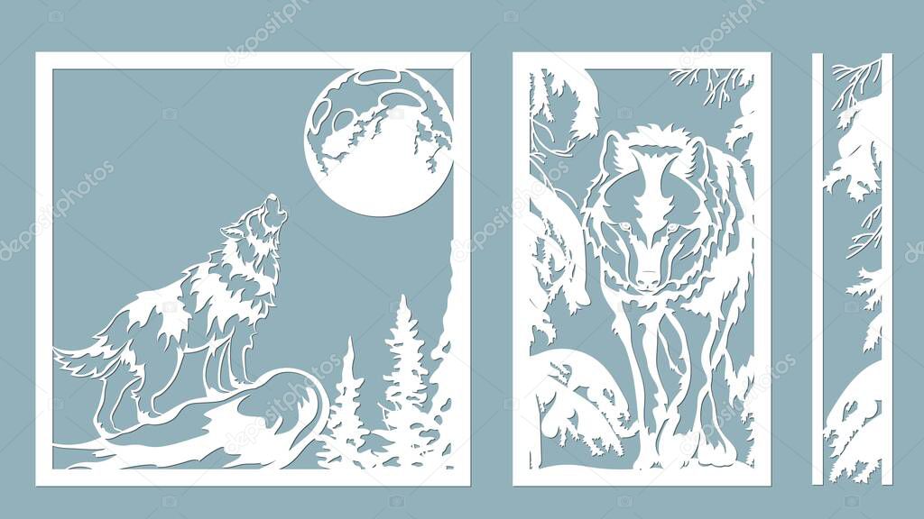 The wolf howls at the moon. Vector illustration. Paper wolf sticker. Laser cut. Template for laser cutting and Plotter. Vector illustration. Sticker. Pattern for the laser cut, serigraphy, plotter and screen printing