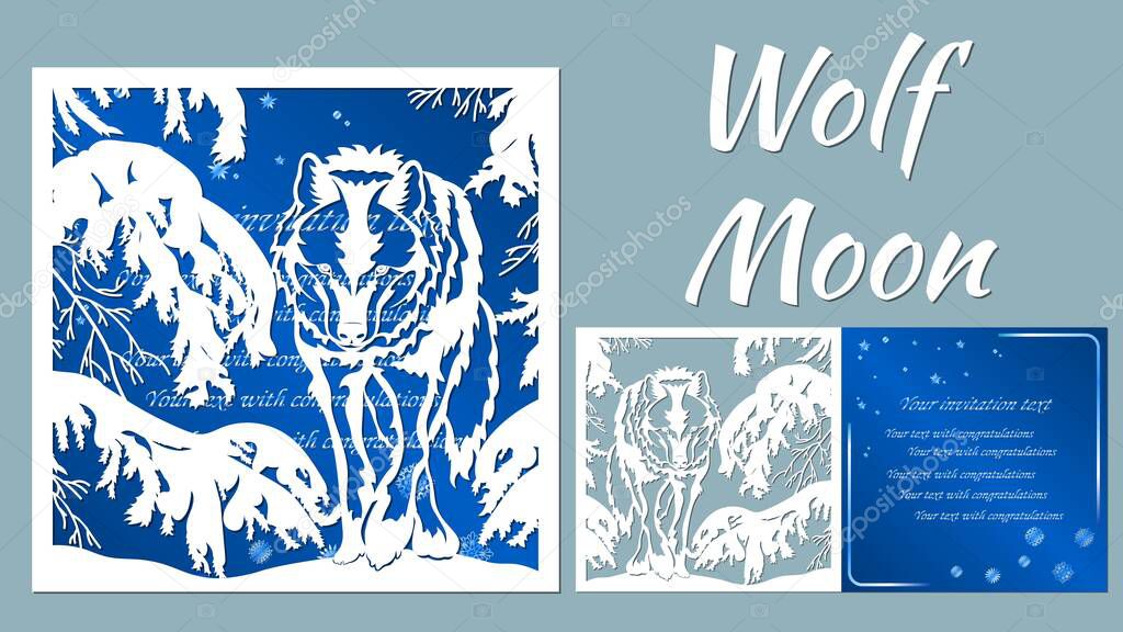 Wolf, tree, spruce, winter. Vector illustration. Paper wolf sticker. Laser cut. Template for laser cutting and Plotter. Vector illustration. Sticker. Pattern for the laser cut, serigraphy, plotter and screen printing