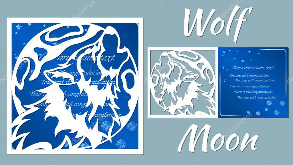 The wolf howls at the moon. Vector illustration. Paper wolf sticker. Laser cut. Template for laser cutting and Plotter. Vector illustration. Sticker. Pattern for the laser cut, serigraphy, plotter and screen printing