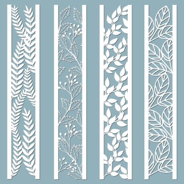 Öl ve lazerle süsleme panellerini çiçek deseniyle kes. Yapraklar, böğürtlen, eğrelti otu. Lazer, dekoratif dantelleri kesmiş. Yer imleri şablonları. Çıkartma hazır. Lazer kesim, serigrafi, çizici ve ekran yazdırma için desen