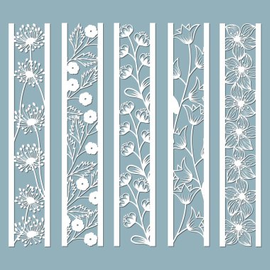 Öl ve lazerle süsleme panellerini çiçek deseniyle kes. Çan, karahindiba, orkide, çiçekler ve yapraklar. Lazer, dekoratif dantelleri kesmiş. Yer imleri şablonları. Çıkartma hazır. Lazer kesim, serigrafi, çizici ve ekran baskısı için desen