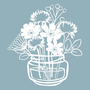 Pechenocna, karahindiba ve Stokesia bir su kavanozunda. Vektör çizimi. Kağıt çiçek, çıkartmalar. Lazer kesiği. Çizim için şablon. Lazer kesim, serigrafi, çizici ve ekran yazdırma için desen