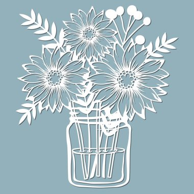 Kasımpatı bir kavanoz suyun içinde. Vektör çizimi. Kağıt çiçek, çıkartmalar. Lazer kesiği. Çizim için şablon. Lazer kesim, serigrafi, çizici ve ekran yazdırma için desen