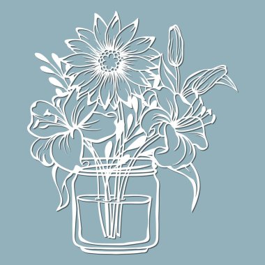 Kasımpatı ve Lily su dolu bir kavanozda. Vektör çizimi. Kağıt çiçek, çıkartmalar. Lazer kesiği. Çizim için şablon. Lazer kesim, serigrafi, çizici ve ekran yazdırma için desen