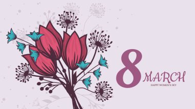 Kırmızı laleli Kadınlar Günü için yatay satış ilanının vektör romantik şablonu. İndirim ve özel teklifler için 8 Mart tarihli çiçek yaprakları ve metin içeren tatil pembe arka planı