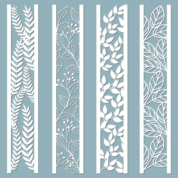 Öl ve lazerle süsleme panellerini çiçek deseniyle kes. Yapraklar, böğürtlen, eğrelti otu. Lazer, dekoratif dantelleri kesmiş. Yer imleri şablonları. Çıkartma hazır. Lazer kesim, serigrafi, çizici ve ekran yazdırma için desen