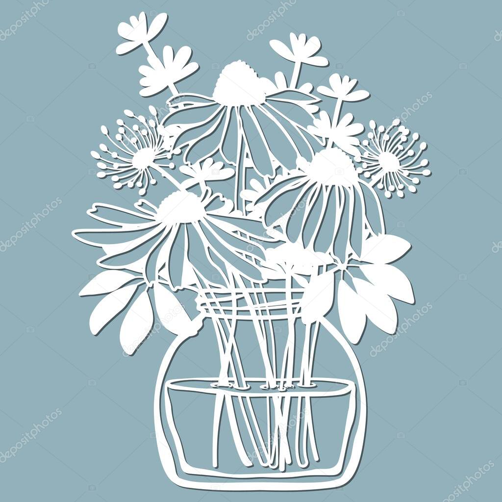 Echinacea, dandelions with Scheffler in a jar of water. Vector illustration. Paper flower, stickers. Laser cut. Template for Plotter. Pattern for the laser cut, serigraphy, plotter and screen printing