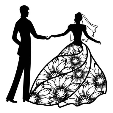 Vektör çizimi. Damat ve gelinle şablon yapın. Lazer kesiği için örnek, erkek ve kız. Dans eden çiftler. Çiçekli giyin.