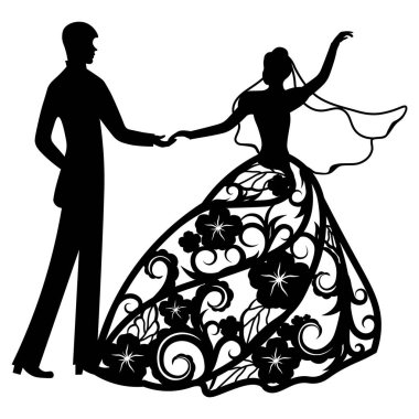 Vektör çizimi. Damat ve gelinle şablon yapın. Lazer kesiği için örnek, erkek ve kız. Dans eden çiftler. Çiçekli giyin.