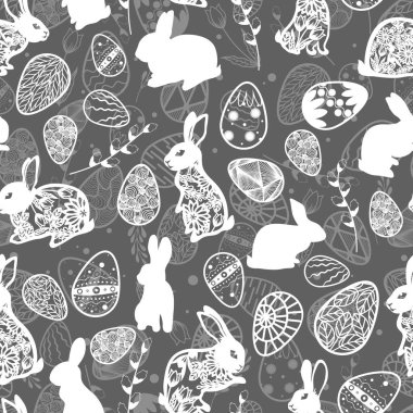 Vektör çizimi. Kusursuz desen. Paskalya yumurtaları. Yapraklar ve söğüt dalları. Paskalya tavşanı. Kart gri arkaplanı